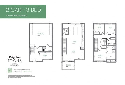 Floor plan for 3 beds, 2.5 baths, 1735 sqft
